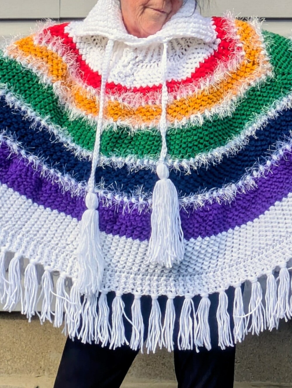 Handmade Rainbow Hooded Poncho for Adults - White with Multicolor Stripes